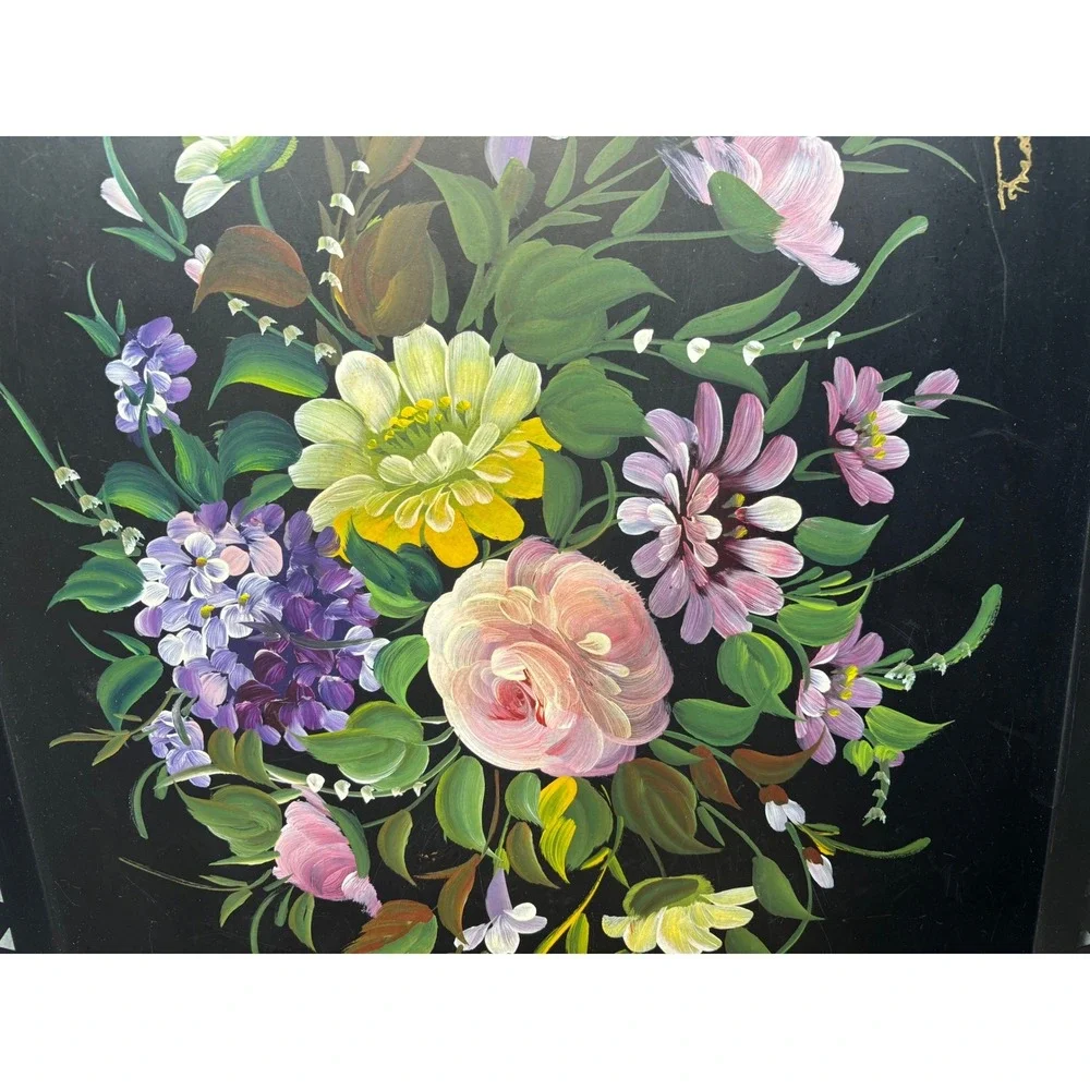 Vtg Nashco Hand‎ Painted Tray Tole Floral Black Octagon Serving Decor